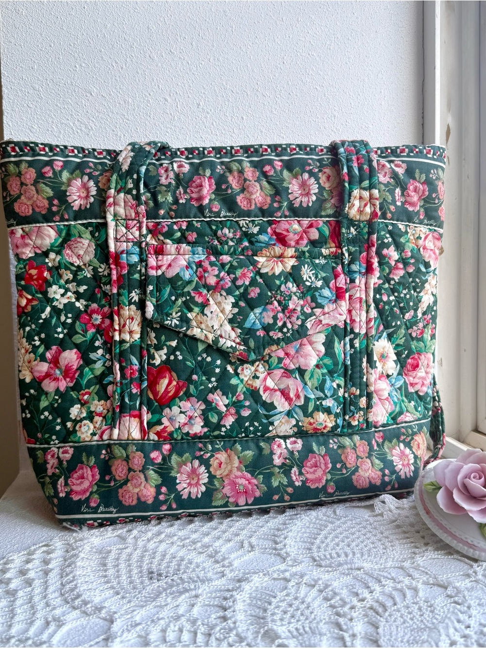 Vintage 90s Vera Bradley Cottagcore Green Floral Quilted Cotton Tote Bag